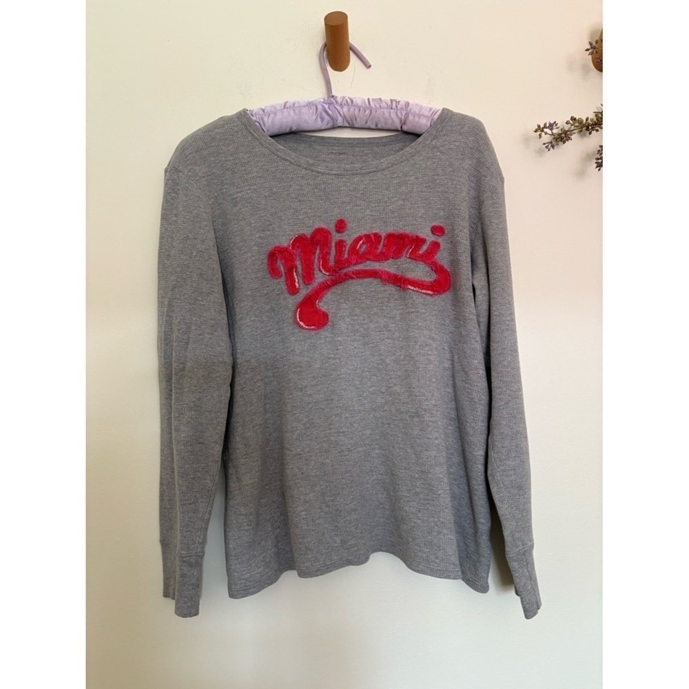 Miami Chenille Varsity Waffle Knit Long Sleeve Top Gray Pink M - Picture 2 of 4